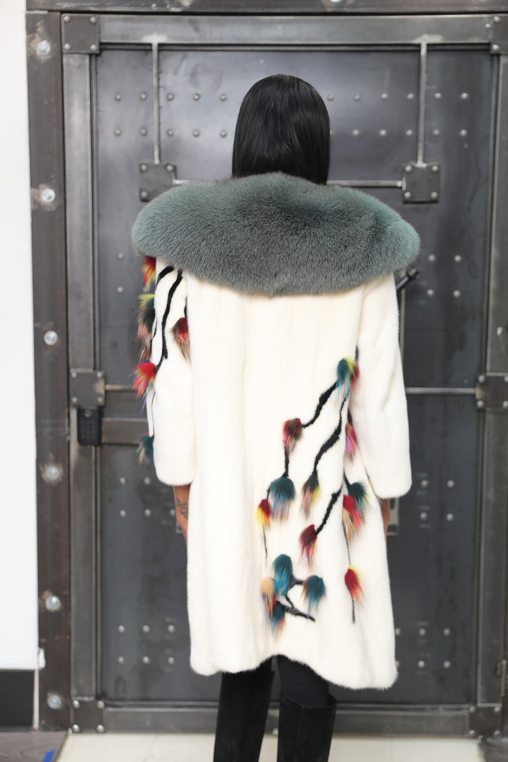 White Mink Coat with Teal Fox Collar & Multicolor Accents