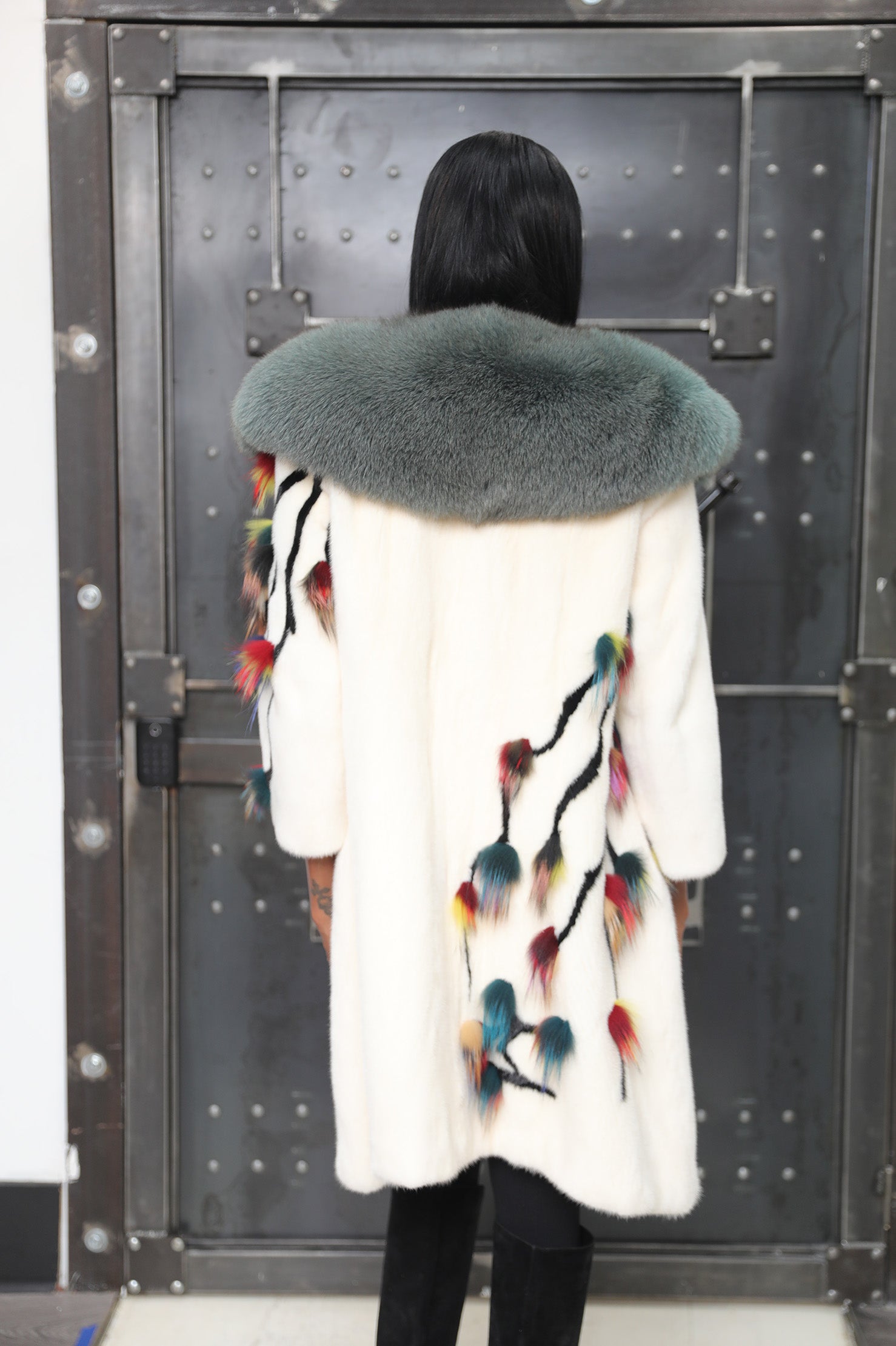 White Mink Coat with Teal Fox Collar & Multicolor Accents