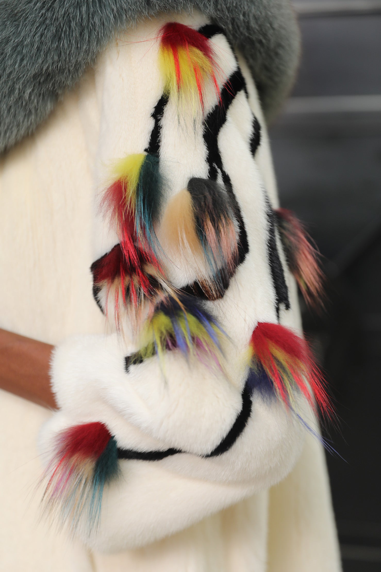 White Mink Coat with Teal Fox Collar & Multicolor Accents