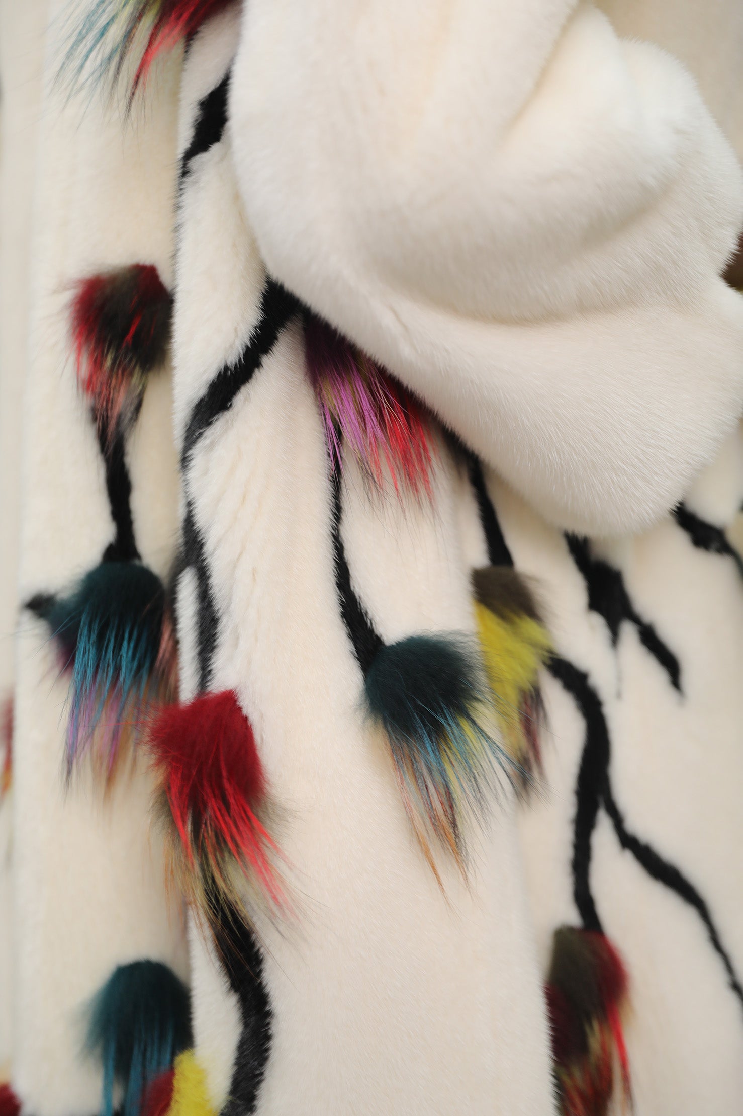 White Mink Coat with Teal Fox Collar & Multicolor Accents