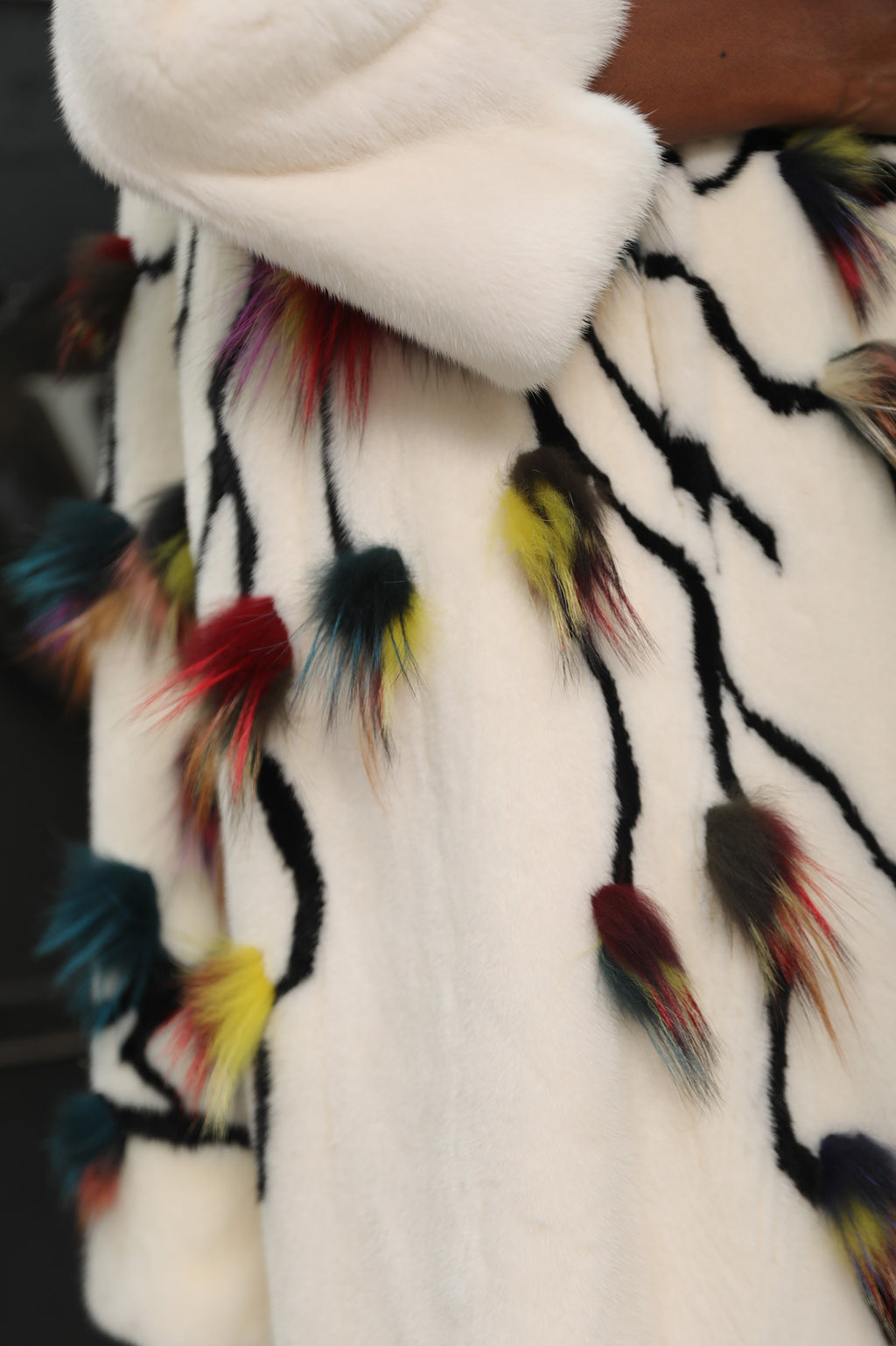 White Mink Coat with Teal Fox Collar & Multicolor Accents