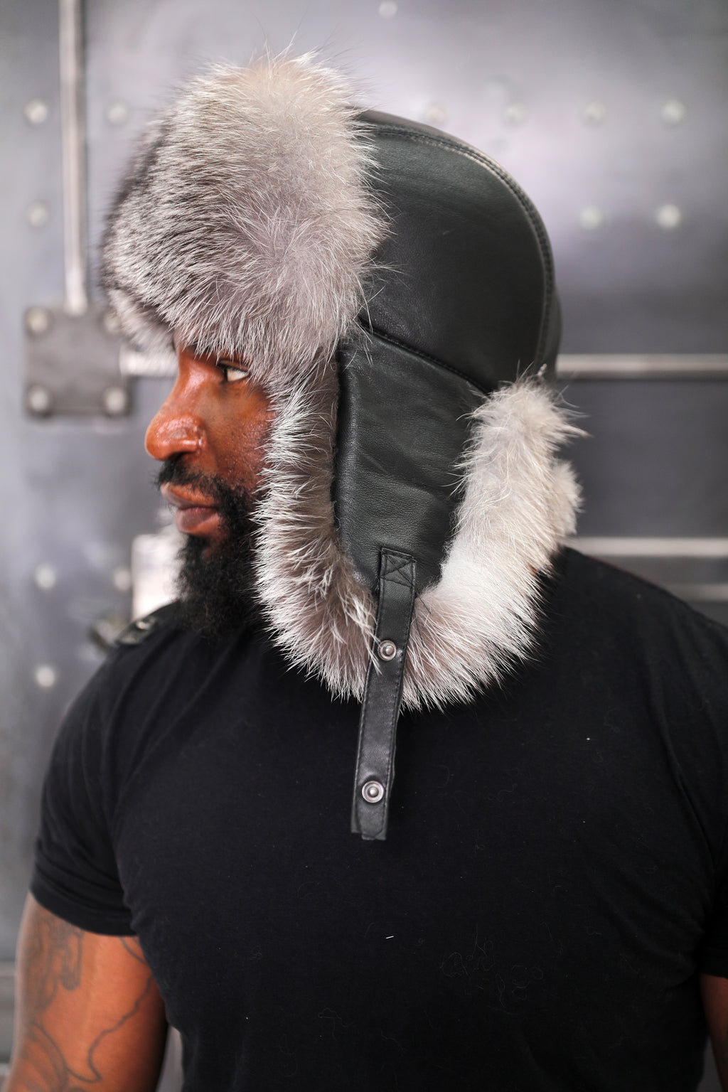 Silver Fox & Leather Trapper Hat