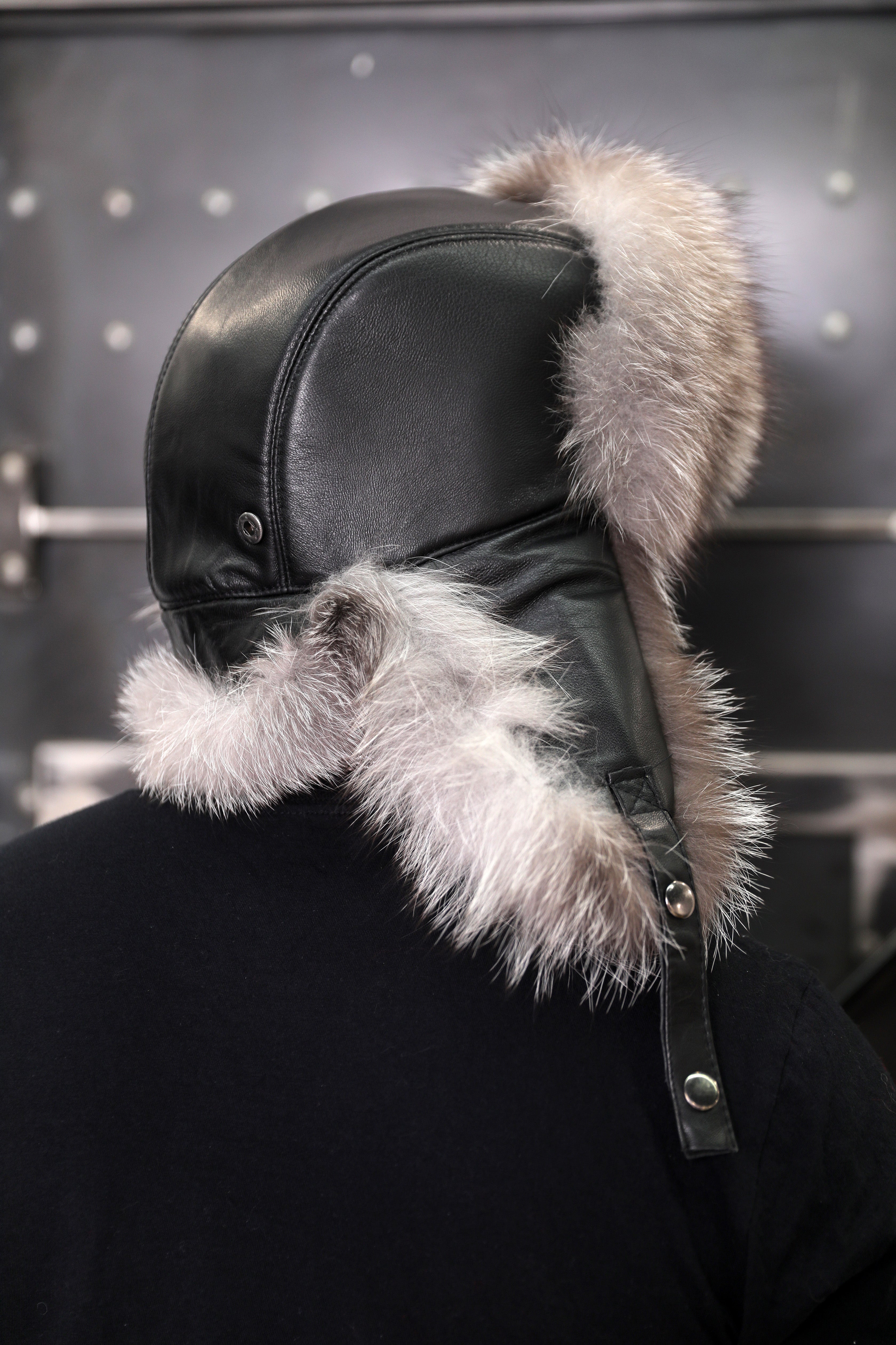 Silver Fox & Leather Trapper Hat
