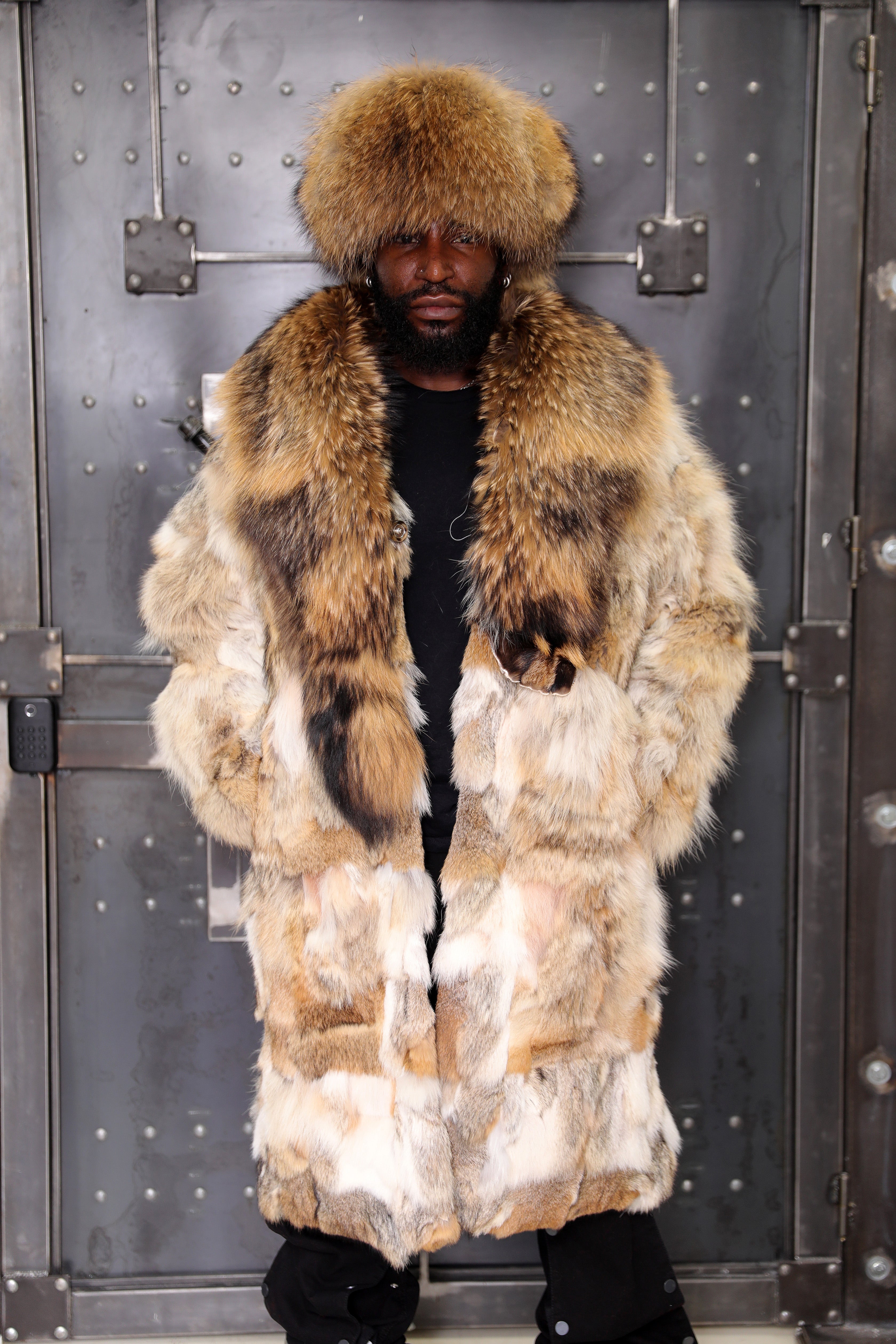 Men's Full-Length Coyote Sections Coat with Raccoon Shaw Collar