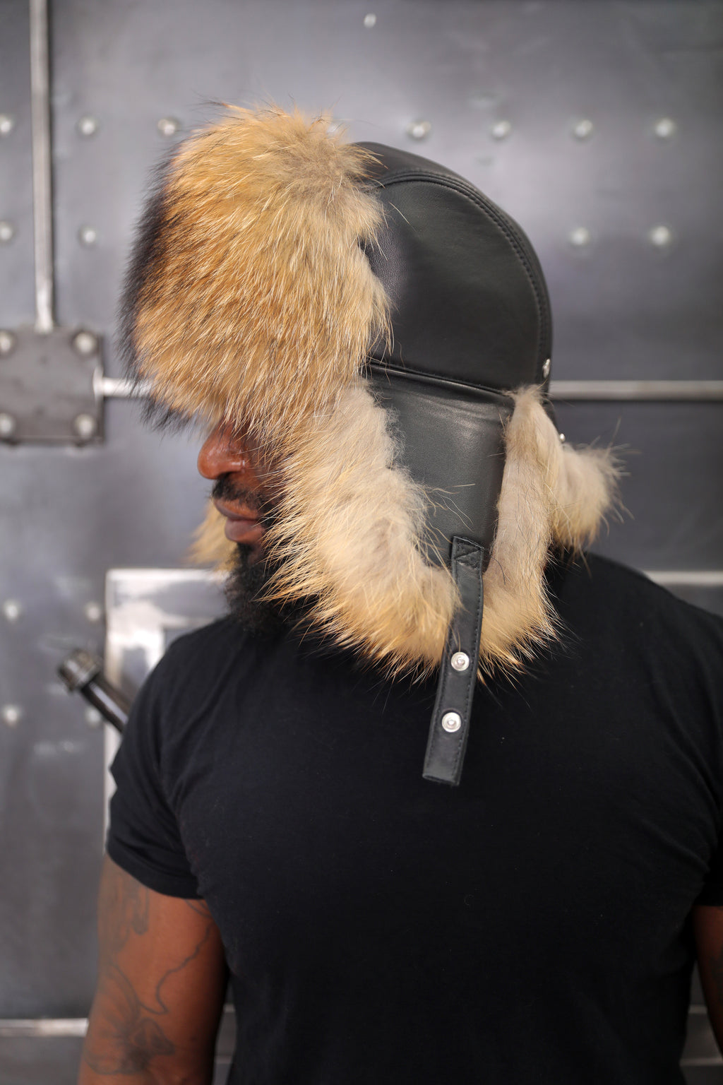 Silver Fox & Leather Trapper Hat