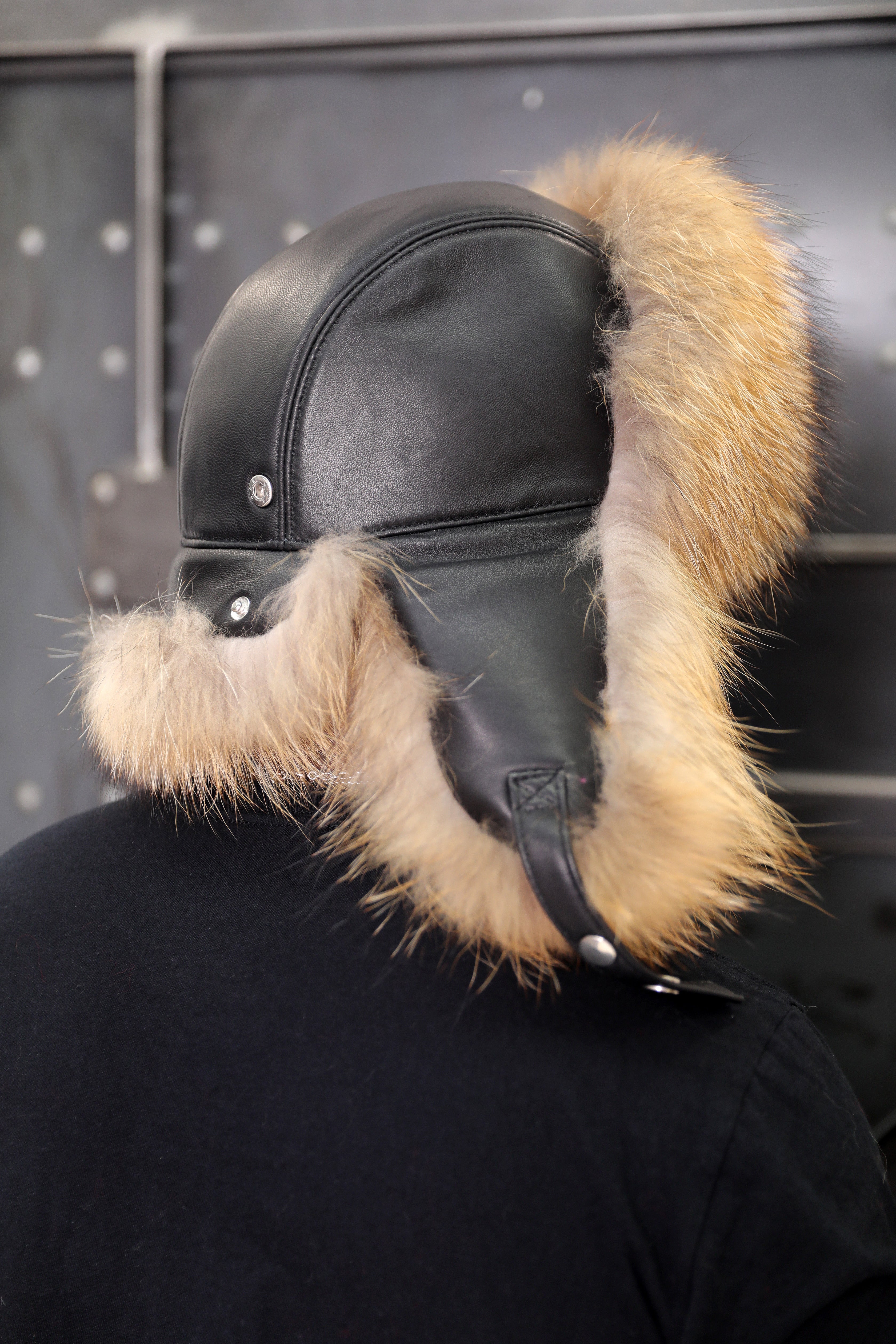 Silver Fox & Leather Trapper Hat